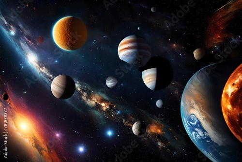 A captivating view of a solar system with diverse planets, each celestial body rendered in vibrant hues and textures, the HD camera capturing the cosmic beauty in © Yasmeen