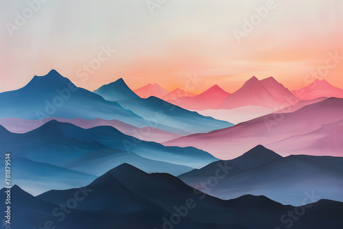 This vibrant painting captures abstract mountain silhouettes bathed in the warm  pastel colors of a sunset  creating a serene and artistic landscape.