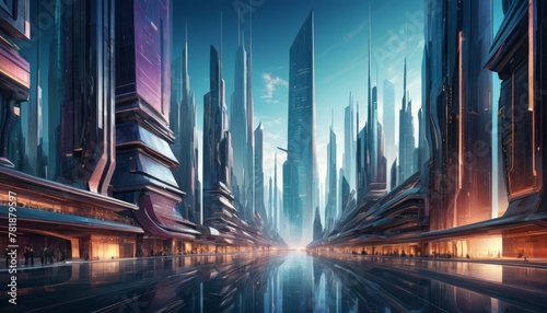 A digital art piece depicting a futuristic cityscape with towering skyscrapers and a radiant light at the horizon  evoking a sense of advanced civilization. AI Generation