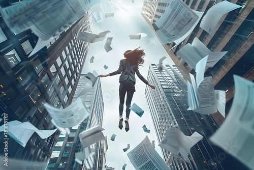 Surreal Urban Flight: Woman Levitating Amongst Flying Papers in Cityscape photo