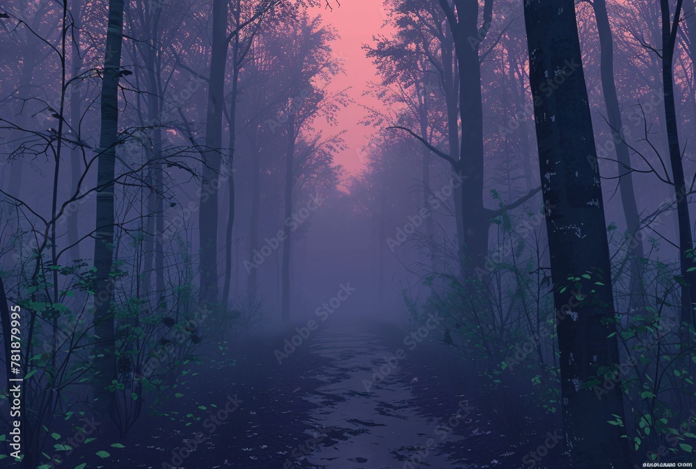Naklejka premium Mystical Path Through the Foggy Forest Generative AI