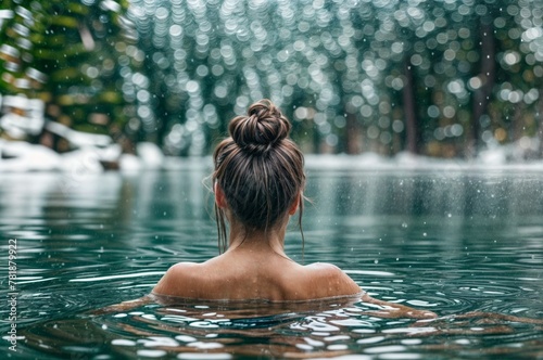 Woman in cold lake bath amidst nature, serenity in winter, relaxation in water with snow surrounding