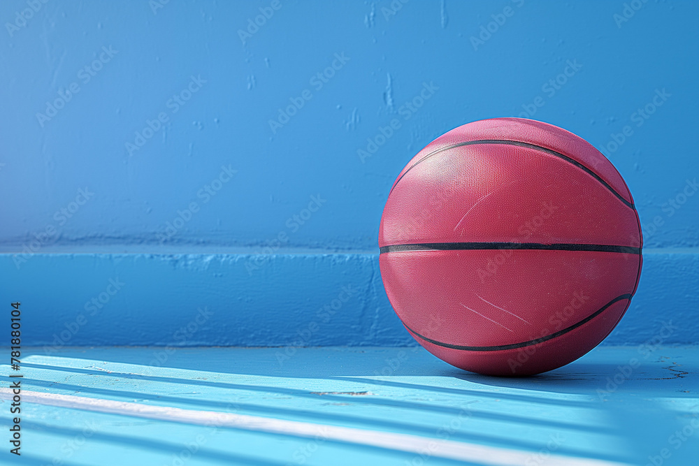 High contrast image of a bold red basketball resting on a textured blue court surface.