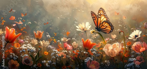 Blossoming Butterfly Amidst a Field of Colorful Flowers Generative AI