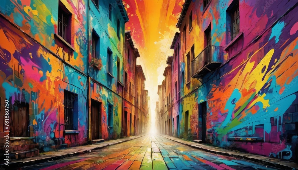 A digital illustration of an alley splashed with vivid graffiti, where art breathes life into the urban landscape. The radiant sunlight at the end of the street hints at endless possibilities.. AI
