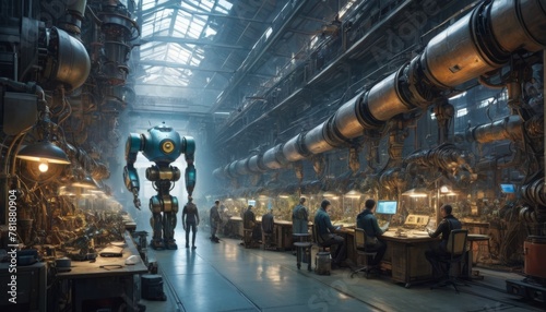 A large robot oversees workers in a high-tech industrial facility, filled with complex machinery and busy employees at their stations.. AI Generation