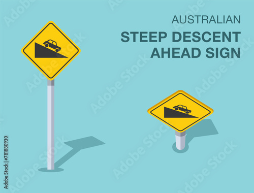 Traffic regulation rules. Isolated Australian "steep descent ahead" sign. Front and top view. Flat vector illustration template.