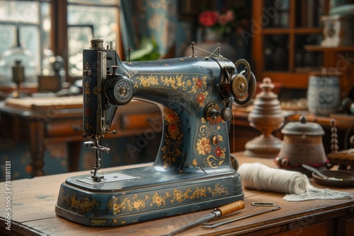 Vintage sewing machine with intricate floral design on wooden table