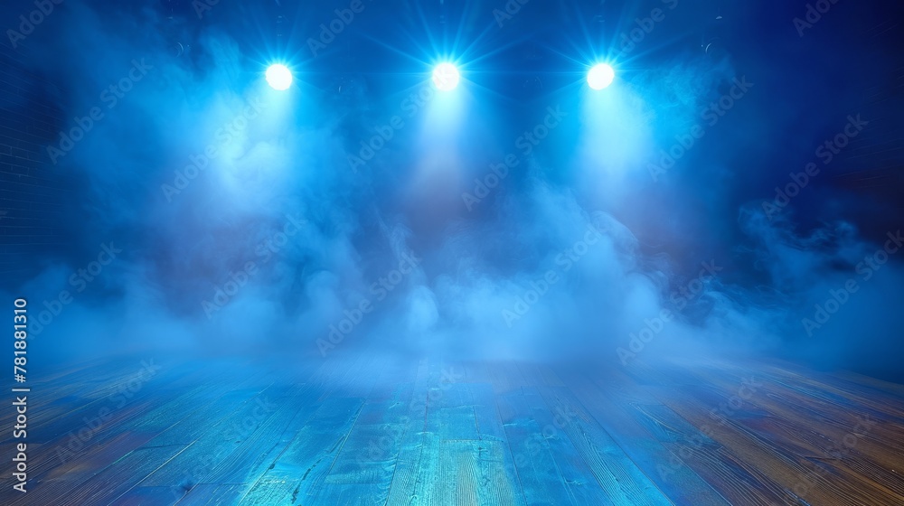 Fototapeta premium A dark empty stage with spotlights shining through the smoke in the background