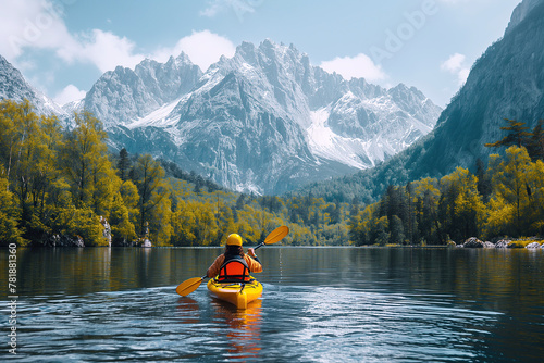 back of a female kayaker kayaking on a lake with a scene of snowy peaks mountains and forest