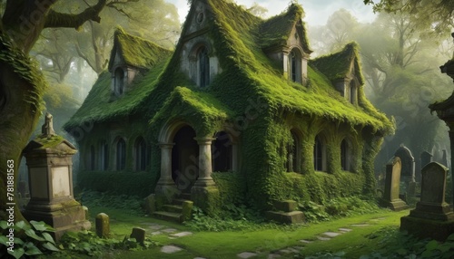A storybook cottage, engulfed by vibrant green ivy, stands in serene repose amidst a foggy, mystic forest and ancient gravestones.. AI Generation