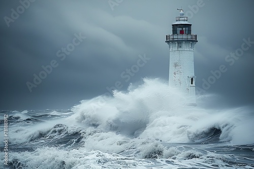 Lighthouse withstands the powerful ocean waves during a storm © Atlas