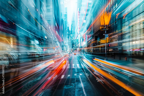 Explore the sensory experience of driving at high speed through urban landscapes, captured in a series of long exposure photographs along different streets photo
