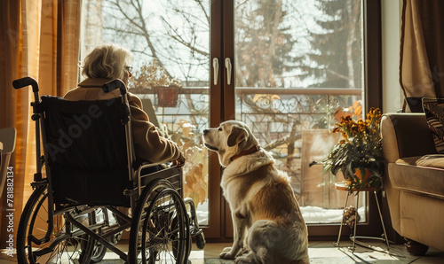 Dog sitting on the floor taking care of grandmother sitting on a wheelchair photo