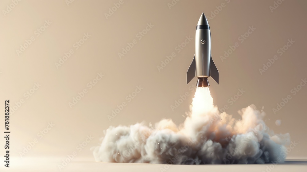 Shiny metal rocket launching with smoke trail on beige background,Rocket launch on blue background. 3D rendering. Start up concept,Launching rocket on blue sky background. Startup and project concept
 - obrazy, fototapety, plakaty 