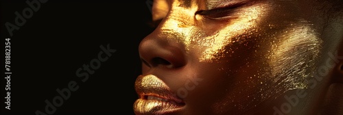 Golden Face Portrait, Shining Bronze Woman Face on Black Background, Glamour Shiny Makeup on Model