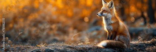 wild red fox in summer on forest. Panoramic wildlife landscape