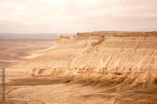 Bozzhyra tract in Kazakhstan  a scenic and arid desert landscape featuring dramatic rock formations and sediment layers