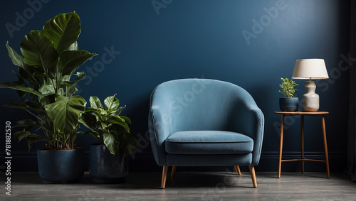 A blue armchair sits in a blue room with a side table and lamp next to it. There are plants on the table and by the chair.