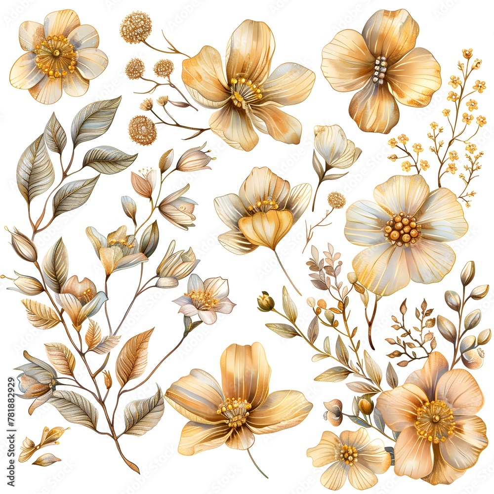 gold foil floral design, white background, clip art