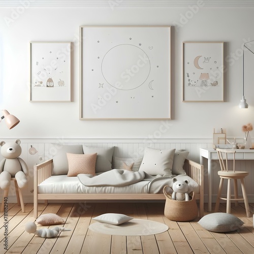 Bedroom with white bed wooden floor and scattered toys White bed in a room with wooden floor and toys A room featuring a white bed wooden floor toys A room with a white bed a wooden floor © fahad