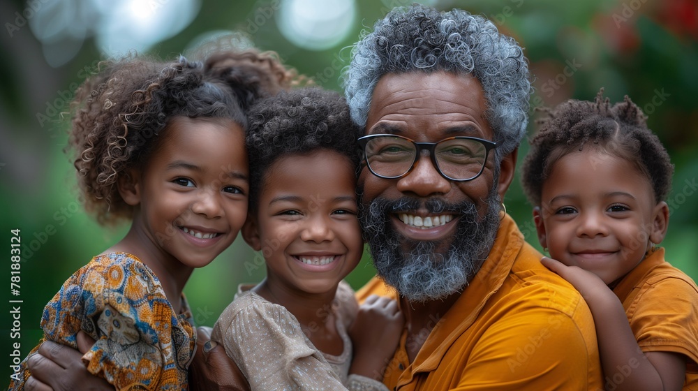 Portrait of Happy African American Grandfather with Grandchildren Outdoors Portrait of Happy African American Grandfather with Grandchildren Outdoors