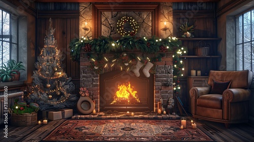 A Cozy Christmas Eve A Fireplace, Christmas Tree, and Festive Decorations Generative AI