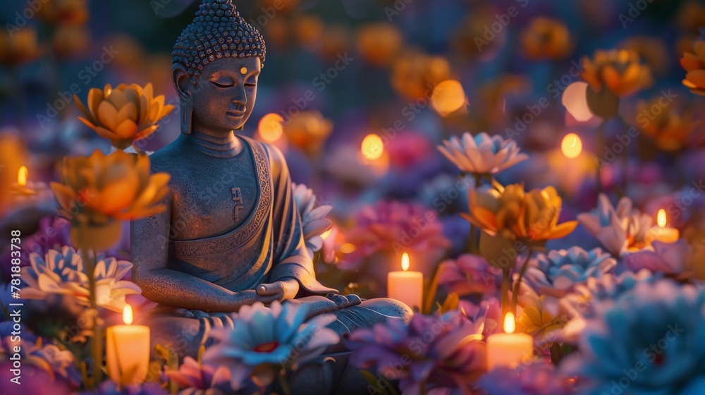 Tranquil Buddha Statue In Meditation Amongst Vibrant Flowers And Candles. Vesak Celebration, Spiritual Enlightenment, Zen Decor. AI Generated