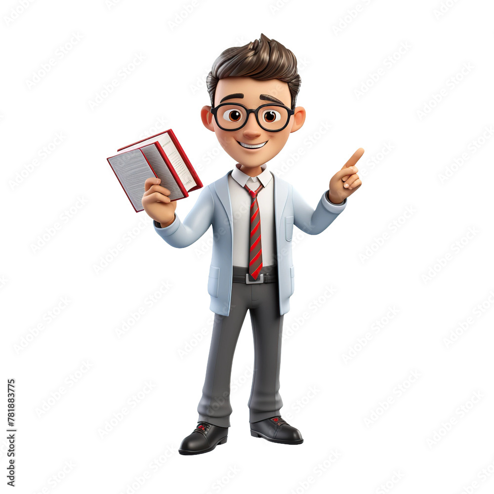 Educator holding a book, 3D style, isolated on blank background.