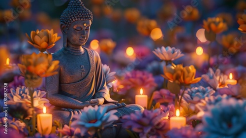 Tranquil Buddha Statue In Meditation Amongst Vibrant Flowers And Candles. Vesak Celebration, Spiritual Enlightenment, Zen Decor. AI Generated