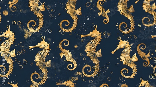 gold seahorses on blue background, seamless pattern