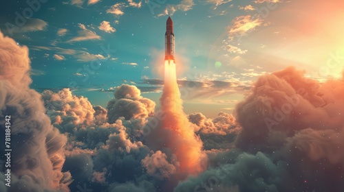 space rocket takes off with a lot of smoke. 3d render ,Spaceship lift off. Space shuttle with smoke and blast takes off into space on a background of sunset. Successful start of a space mission. photo