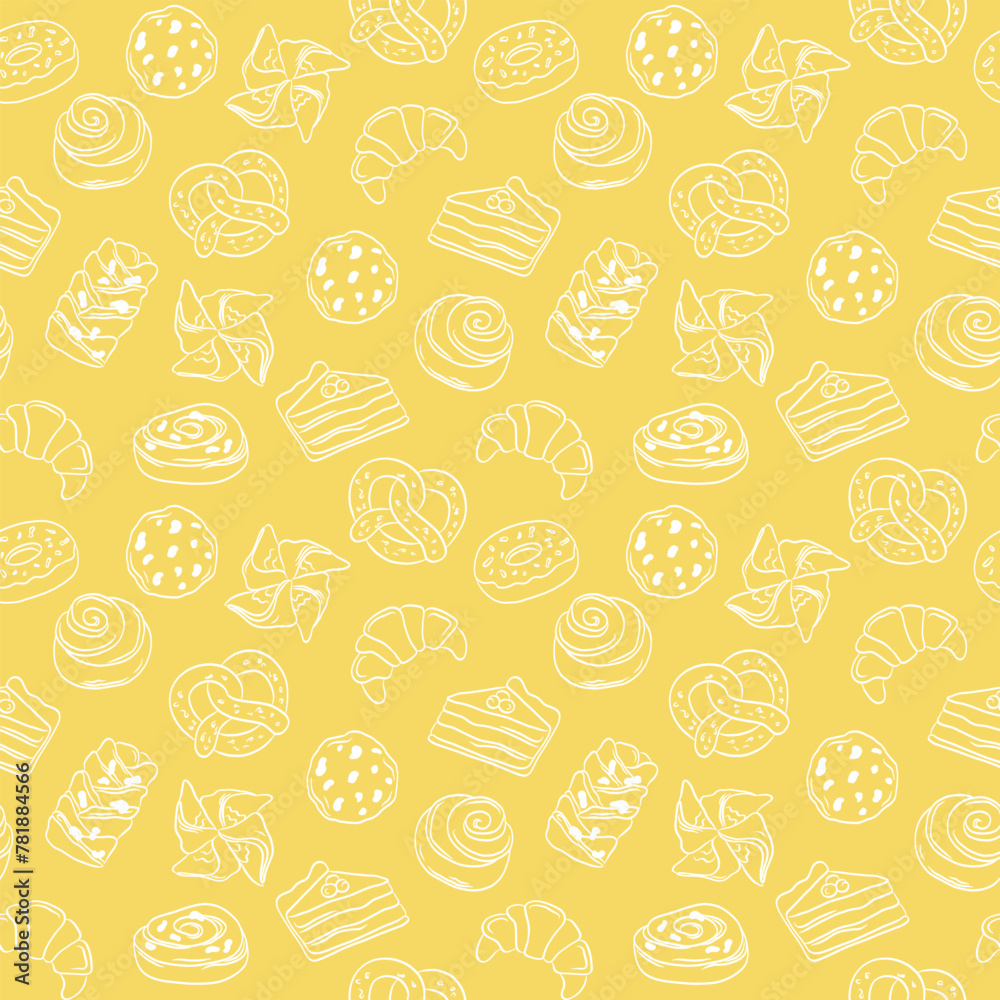 Seamless pattern hand drawn white outline pastry bakery on yellow background.