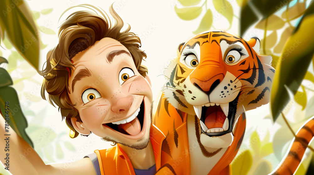 A cartoonish man is holding a tiger and smiling