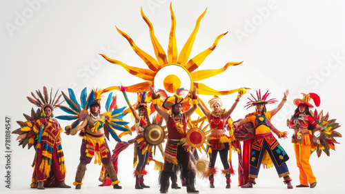 Group in vibrant traditional costumes with feathers, representing the sun, against a white background.