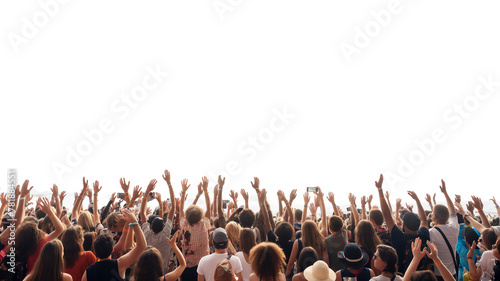 Excited concert crowd with raised hands against a bright white background.