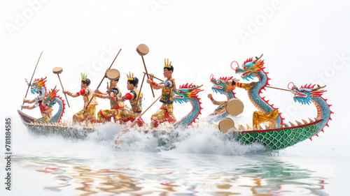 Dragon boat racers in action, paddling vigorously in ornate, colorful boats.