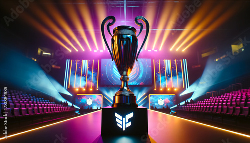 Esports trophy standing on stage in the middle of the arena of the computer video game championship.