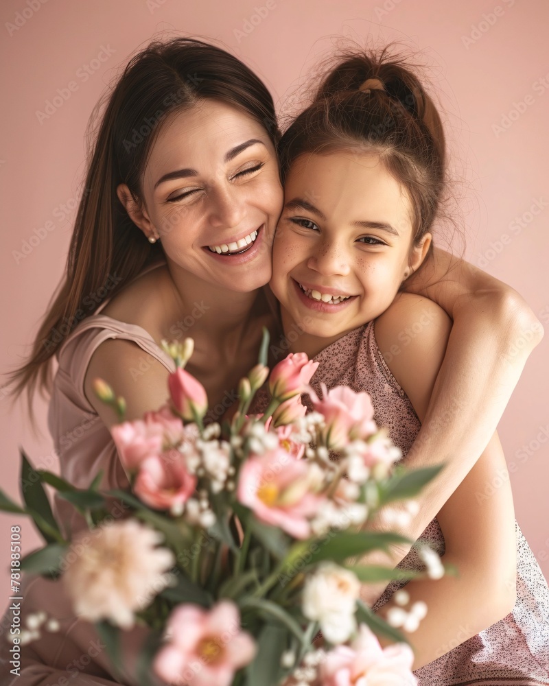 Young woman hugging her little daughter, happy mother and daughter