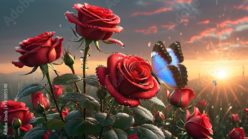 blue morpho butterfly on red rose flowers in drops of dew at sunset