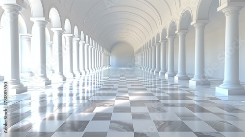 A white marble corridor with an endless horizon, adorned by many columns and light beams shining through the arches. The ground is covered in black and grey checkered tiles. The perspective creates a 