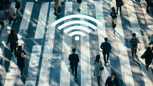 WIFI technology concept. Aerial view of people walking over crosswalk with giant WiFi symbol, Concept of ubiquitous connectivity and urban technology. photo