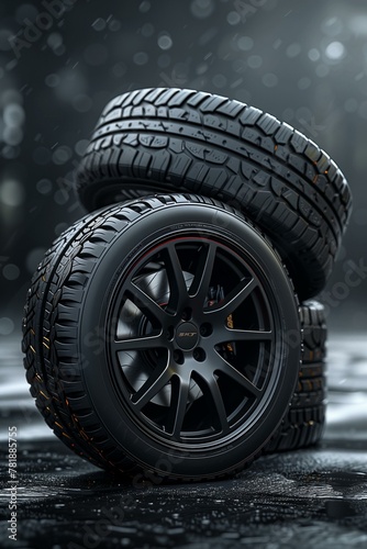 Sleek Black Car Tire with White Rim on Dark Background