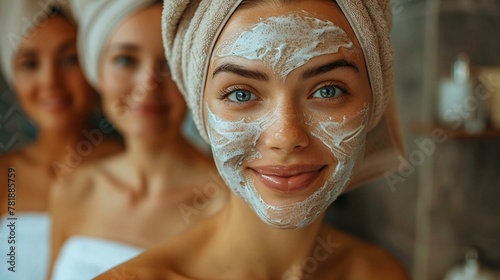 A group of women in their thirties with facial masks, enjoying the spa experience together. They smile and have hair wrapped around towel headbands, looking at camera. The background is blurred 