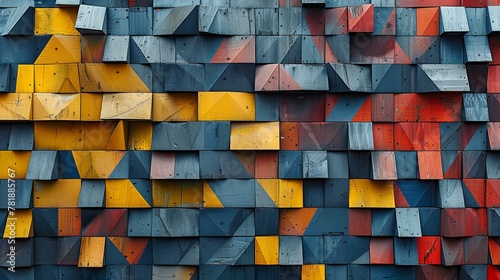 Abstract geometric pattern of wooden blocks in various shades of blue, yellow and red