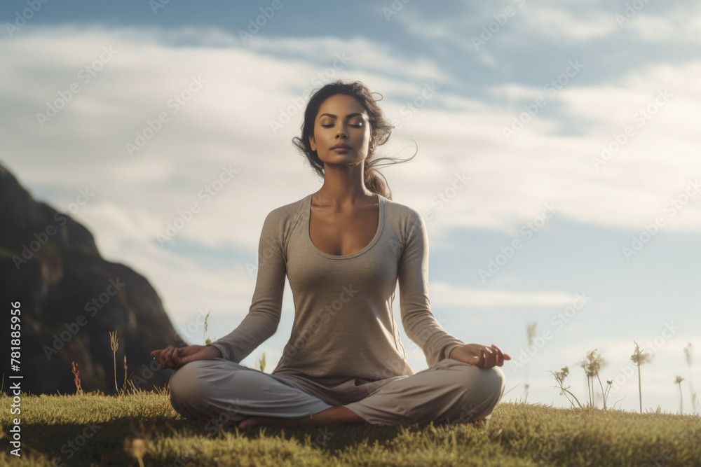 Young woman sitting in lotus position meditates in the outdoor
