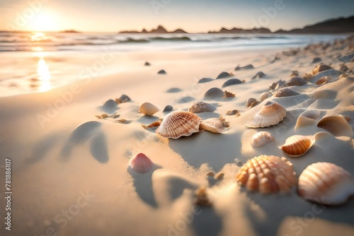 A morning at the seaside, the sands untouched and smooth, with seashells scattered delicately, the