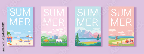Set of summer travel and vacation posters. Landscapes of sea resorts, mountains and fields. Road with trees and transport near the city. Template for poster, web page or banner. Flat vector
