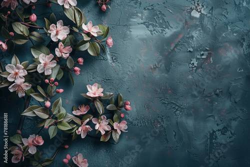 Slide Background with green leaves and pink flowers framing on a grey blue stucco wall. Background image. Created with Generative AI technology.
