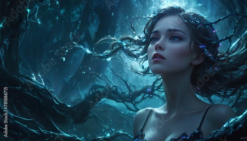 A captivating woman submerged in a dreamlike blue forest, surrounded by glowing tendrils and a serene expression.. AI Generation